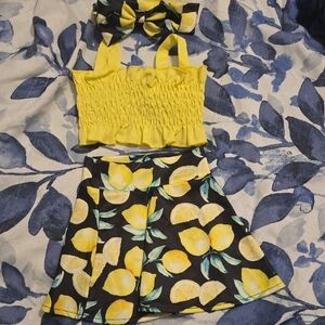 Yellow Lemon Print Top and Skirt Set